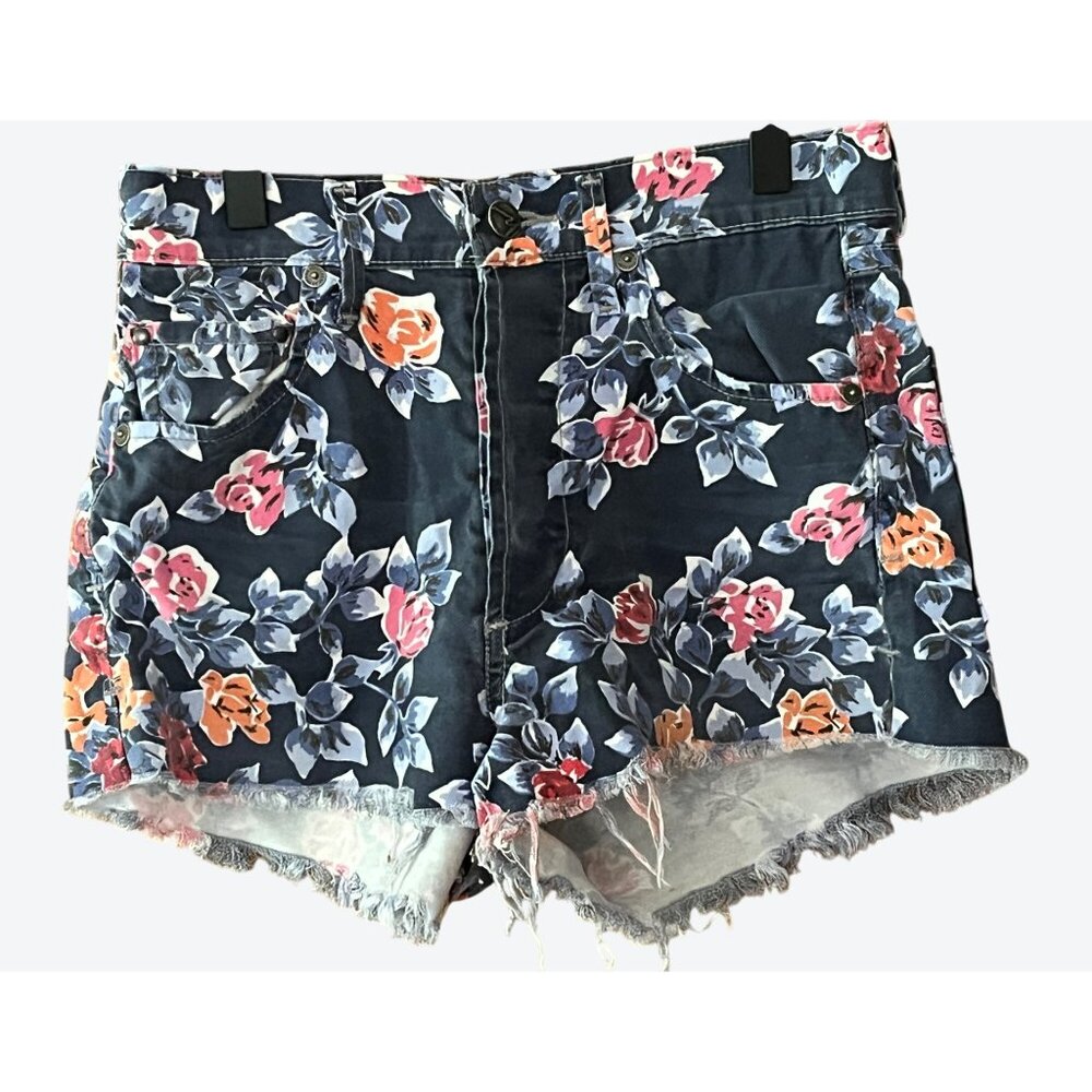 Citizens of Humanity Size 24 Floral Fringe Button Fly Cut Off Shorts Blue Pink